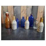 Lot of Vintage Bottles Ginger Beer, Amber Glass Whole Milk Bottle, Blue Glass and more