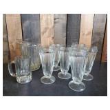 Vintage Jeanette Glass Ribbed Soda Fountain Glasses for Sundaes or Milkshakes a Glass Pitcher and Heavy Duty Beer Mug