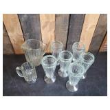 Vintage Jeanette Glass Ribbed Soda Fountain Glasses for Sundaes or Milkshakes a Glass Pitcher and Heavy Duty Beer Mug