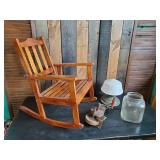 Vintage Childrens Rocking Chair, Vintage Light Fixture, Vintage Jar, and Vintage Dulap Hand Crank Bench Grinder