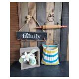 Vintage Clothes pin Holder, Rolling Pin and Wall Hanger, Ceramic USA Ceramic Pitcher and More