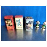 3 Vintage Tins and 2 Vintage Micky Mouse Ornaments 3 Vintage Tins and 2 Vintage Micky Mouse Ornaments