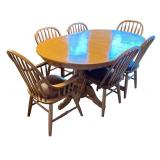 Oak Dining Table Includes 6 Chairs With Leather Cushions