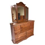 Solid Oak Dresser with Tri-Fold Mirror