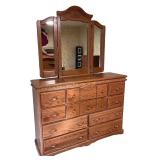 Solid Oak Dresser with Tri-Fold Mirror