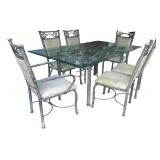 Elegant Glass Top Patio Table with 6 Metal Leaf Design Chairs