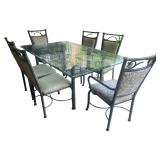 Elegant Glass Top Patio Table with 6 Metal Leaf Design Chairs