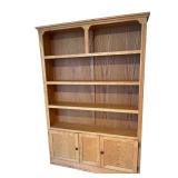 Oak Wood Bookcase with Adjustable Shelves and Cabinet Doors