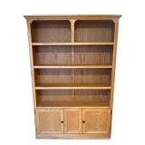 Oak Wood Bookcase with Adjustable Shelves and Cabinet Doors