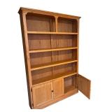 Oak Wood Bookcase with Adjustable Shelves and Cabinet Doors
