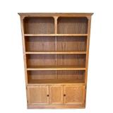 Oak Wood Bookcase with Adjustable Shelves and Cabinet Doors