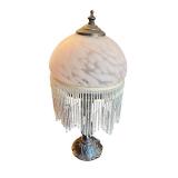 Vintage Glass Shade Table Lamp with Beaded Fringe