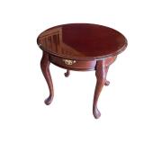 Round Wooden End Table with Drawer and Queen Anne Legs