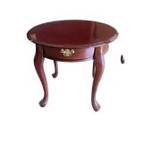 Round Wooden End Table with Drawer and Queen Anne Legs