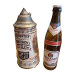 German Beer Stein Pair with Grolsch and Paulaner Bottles