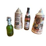 German Beer Stein Pair with Grolsch and Paulaner Bottles