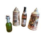 German Beer Stein Pair with Grolsch and Paulaner Bottles