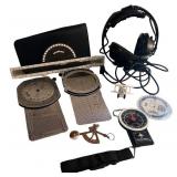 Pilot Aviation Accessories Lot with Flight Computer, Headset, and Charts