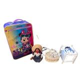 Nursery Decor and Doll Collection Including Minnie Suitcase, Wood Cradle, Signs, and Figurines