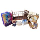 Nursery Decor and Doll Collection Including Minnie Suitcase, Wood Cradle, Signs, and Figurines
