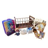 Nursery Decor and Doll Collection Including Minnie Suitcase, Wood Cradle, Signs, and Figurines