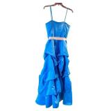 Blue Strapless Ruffled Prom or Formal Gown with Ribbon Tie