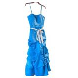 Blue Strapless Ruffled Prom or Formal Gown with Ribbon Tie