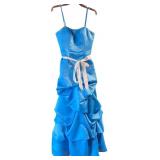 Blue Strapless Ruffled Prom or Formal Gown with Ribbon Tie