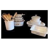 Vintage Kitchenware Collection with Pyrex, CorningWare, Ramekins, and Wooden Utensils