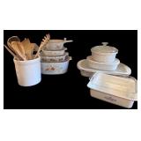 Vintage Kitchenware Collection with Pyrex, CorningWare, Ramekins, and Wooden Utensils