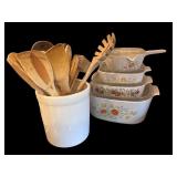 Vintage Kitchenware Collection with Pyrex, CorningWare, Ramekins, and Wooden Utensils