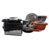Collection of Assorted Kitchen Cookware Pots, Colander, Fry Baskets, and More