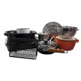 Collection of Assorted Kitchen Cookware Pots, Colander, Fry Baskets, and More