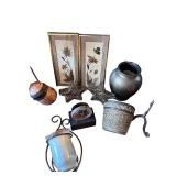 Lot of Home Decor Items including Framed Art, Wall Plaques, and Metal Accents