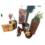Home Decor Lot with Artificial Palm Tree, Fruit Accents, Wall Art, and Baskets