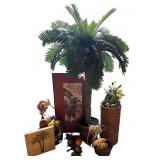Home Decor Lot with Artificial Palm Tree, Fruit Accents, Wall Art, and Baskets