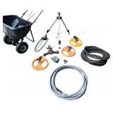 Lawn Care Equipment Collection with Hose Reel, Scotts Spreader, and Sprinklers