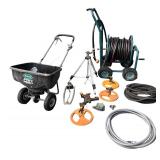 Lawn Care Equipment Collection with Hose Reel, Scotts Spreader, and Sprinklers