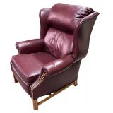 Pair of Burgundy Leather Wingback Armchairs with Nailhead Trim
