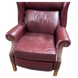 Pair of Burgundy Leather Wingback Armchairs with Nailhead Trim