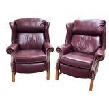 Pair of Burgundy Leather Wingback Armchairs with Nailhead Trim