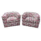 Pair of Contemporary Upholstered Barrel Accent Chairs with Red and Gray Circular Pattern