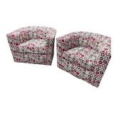 Pair of Contemporary Upholstered Barrel Accent Chairs with Red and Gray Circular Pattern