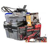 Assorted Garage and Workshop Tool Collection with Clamps, Booster Cables, and Storage Bins