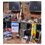 Assorted Garage and Workshop Tool Collection with Clamps, Booster Cables, and Storage Bins