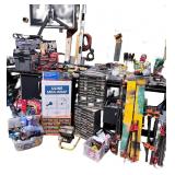 Assorted Garage and Workshop Tool Collection with Clamps, Booster Cables, and Storage Bins