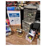 Assorted Garage and Workshop Tool Collection with Clamps, Booster Cables, and Storage Bins