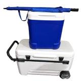 Rolling Igloo Cooler, Blue Igloo Cooler, and Foldable Beach Umbrella Set