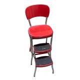 Vintage Red Metal Step Stool Chair with Chrome Legs