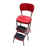 Vintage Red Metal Step Stool Chair with Chrome Legs